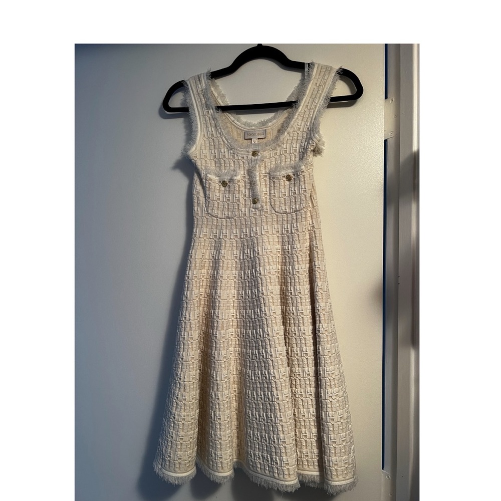 Gently used Ronny Kobo tweed A-line dress in cream. Size 2